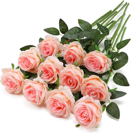 Pink Fake Roses Artificial Flowers - 10 Pcs Fake Artificial Roses Silk Flowers with Stems for Home Wedding Hotel Office Centerpiece Decor（Champagne Pink）-Ruum Studio Home
