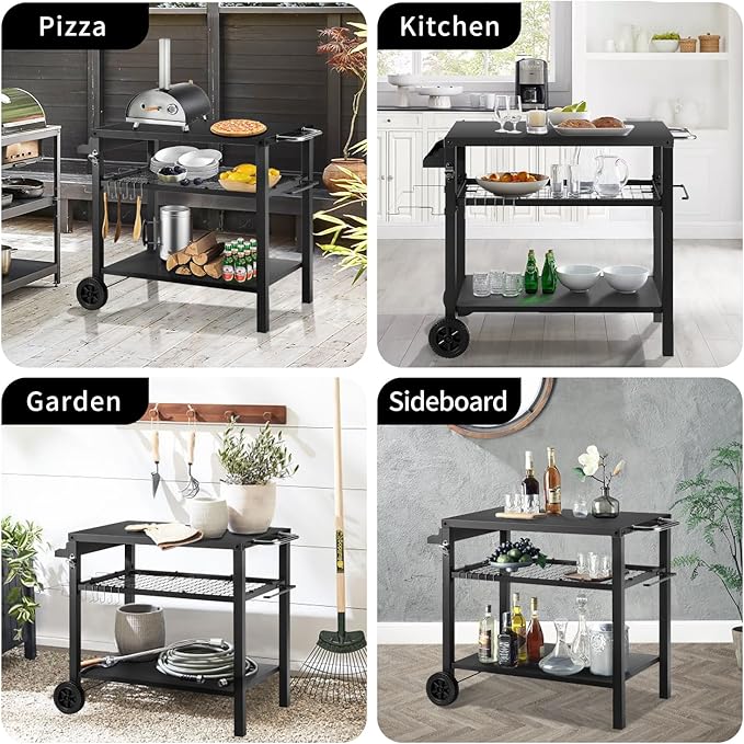 Dining Cart Table with Three Shelf, Movable Outdoor BBQ Grill Pizza Oven Stand with Three Hooks, Kitchen Cart Island Multifunctional Food Prep Table for Inside and Outside (Black)-Ruum Studio Home