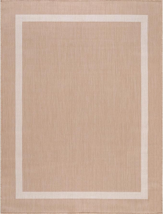 Bordered Outdoor Rug 9x12 Washable Outside Carpet for Indoor Patio Porch Waterproof Easy Cleaning Non Shedding Area Rugs Beige 9 x 12-Ruum Studio Home