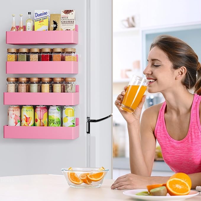 Magnetic Spice Rack for Refrigerator, Kitchen Organizer and Storage Shelf, Pink(4 Pack)-Ruum Studio Home