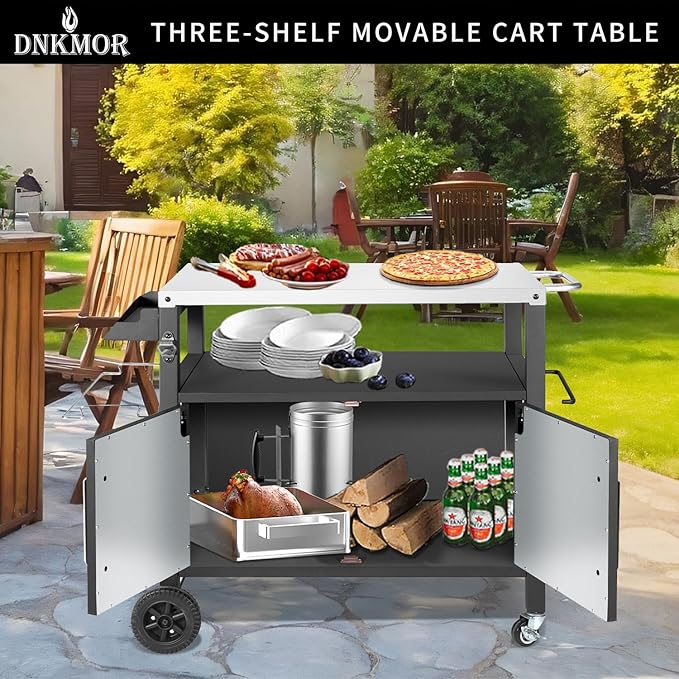 Dining Cart Table with Big Storage Cabinet, Movable Outdoor BBQ Grill Table Pizza Oven Stand, Kitchen Cart Island Multifunctional Food Prep for Inside and Outside-Ruum Studio Home