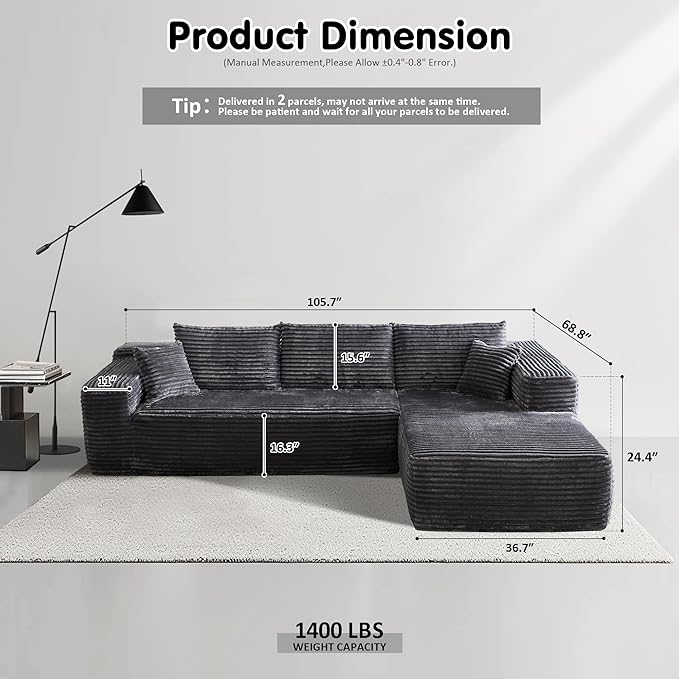 ovios 104" Cloud Sectional Couch with L-Shape Chaise,Modern Modular Sofa with Deep Seat, Upholstered Couches for Living Room Bedroom,No Assembly Required, Grey (Plush Corduroy Fabric)-Ruum Studio Home