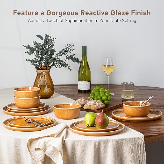 GBHOME Ceramic Dinnerware Sets for 4, 12 Pieces Stoneware Plates and Bowls Sets, Scratch Resistant Dishes, Dishwasher & Microwave Safe, Reactive Glaze-Amber-Ruum Studio Home