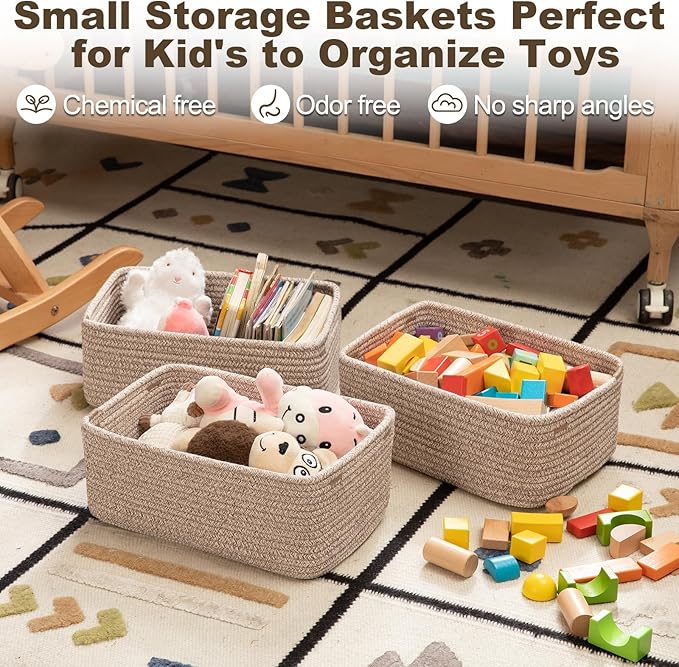3 Pack Small Storage Baskets for Organizing, Cute Woven Decorative Gift Baskets for Shelves, Mini Closet Organizer Bins with Handles-13''Lx8.66''Wx5.11''H-Brown-Ruum Studio Home