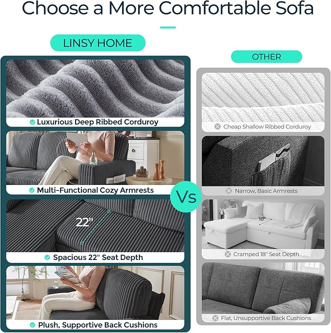 LINSY HOME Loveseat Sofa with Storage - Comfy Plush Corduroy 2 Seater Sofa with USB Charging & Cup Holders, Deep Seat Love Seat for Small Spaces Living Room Bedroom Apartment, Grey-Ruum Studio Home
