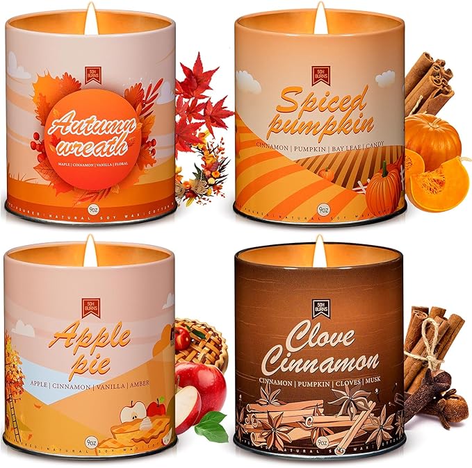 4 Pack Scented Fall Candles Set, 36oz Aromatherapy Soy Wax Candles for Home Scented, Halloween House Warming Gifts Birthday Candle for Women Halloween Apple Pie/Autumn Wreath/Cinnamon/Pumpkin Candle-Ruum Studio Home