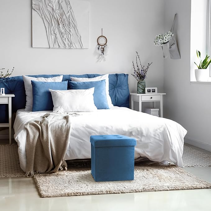 Sorbus Folding Ottoman - Foot Rest Cube, Bedroom Bench, Coffee Table, Shoe Storage, Foot Stool, Pouf - Teal Blue Suede Velvet-Ruum Studio Home