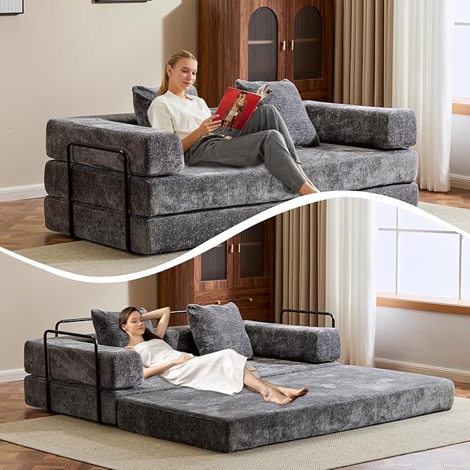 Convertible Sleeper Sofa Bed, Compression Folding Sofa with Pillow, No Assembly Required, Shape Frame, Floor Sofas Lounge Couch for Living Room, Bedroom, Small Spaces(Chenille, 77''W, Dark Grey)-Ruum Studio Home