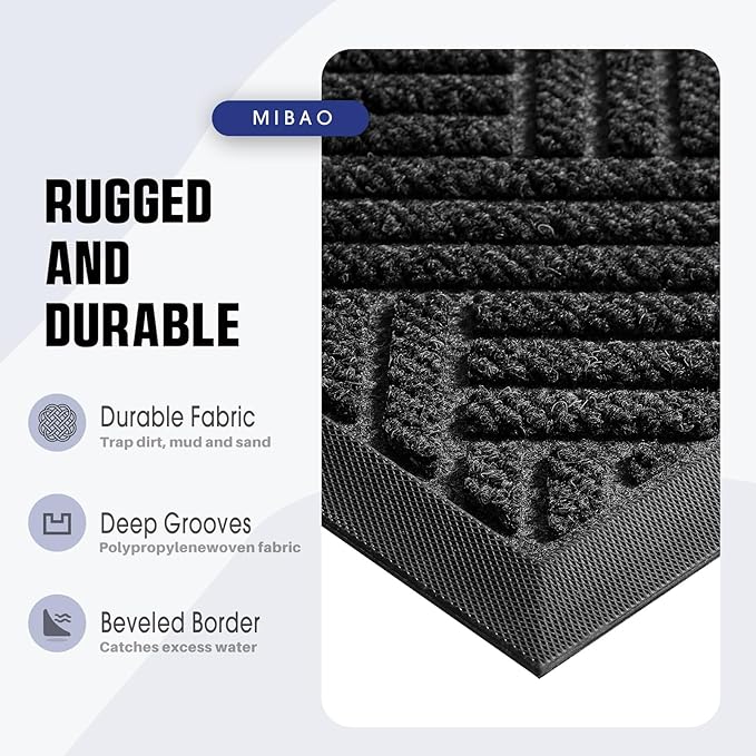 Mibao Front Door Mat Outside Entrance, Durable Outdoor Indoor Mat, Low Profile Heavy Duty Doormat, Non-Slip, Traps Dirt and Moisture, Easy Clean Patio Porch Entryway Mat, 24" x 36", Grey-Ruum Studio Home