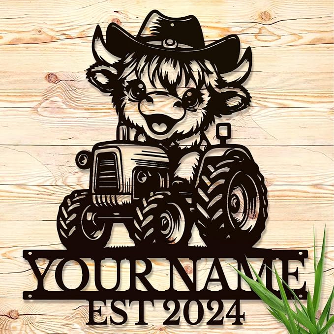 Personalized Highland Cow Name metal Signs,Custom Highland Cow Metal Shed Wall Decor,Black Metal Wall Art Plaques Outdoor wall Decorative Signage (Style B)-Ruum Studio Home