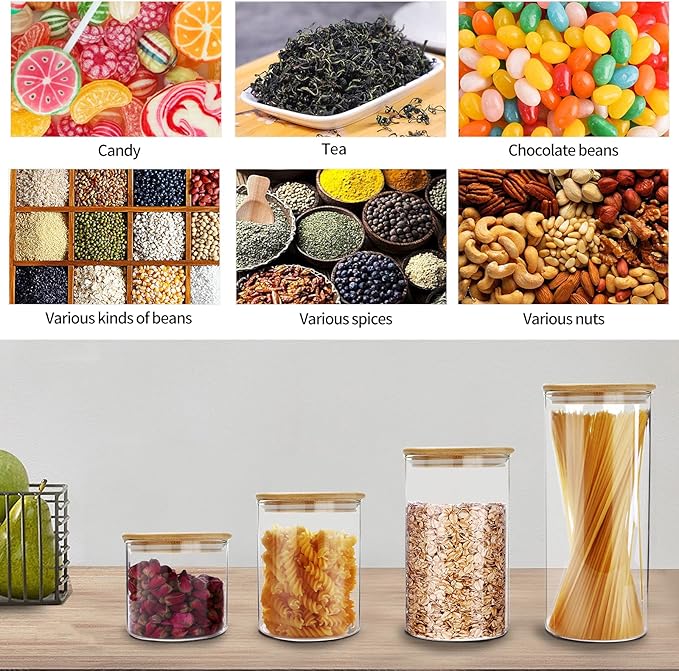 SIXAQUAE Glass Food Storage Containers Jar Seal Bamboo Lids 4 Packs 1000ml Airtight Canister Organization Sets Stackable…-Ruum Studio Home