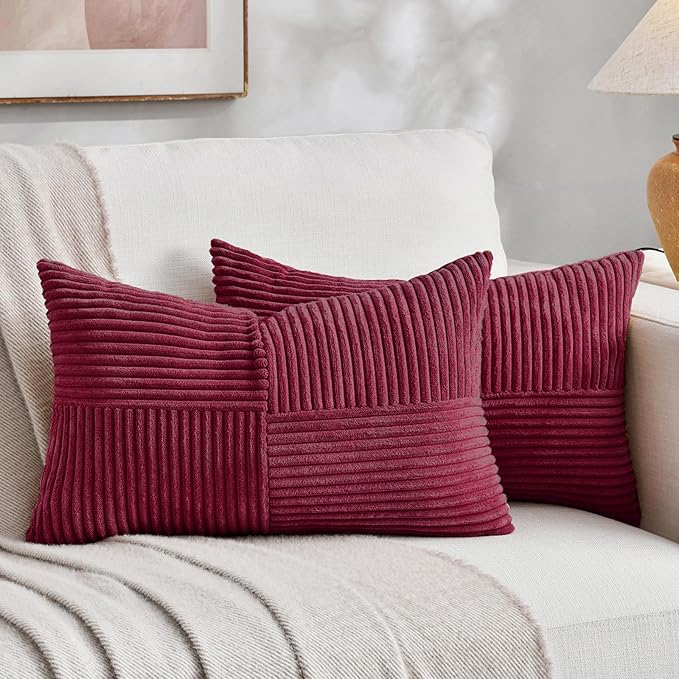 Fancy Homi 2 Packs Burgundy Lumbar Decorative Throw Pillow Covers 14x24 Inch for Living Room Couch Bed, Farmhouse Boho Home Decor, Soft Striped Corduroy Rectangle Accent Cushion Case 35x60 cm-Ruum Studio Home