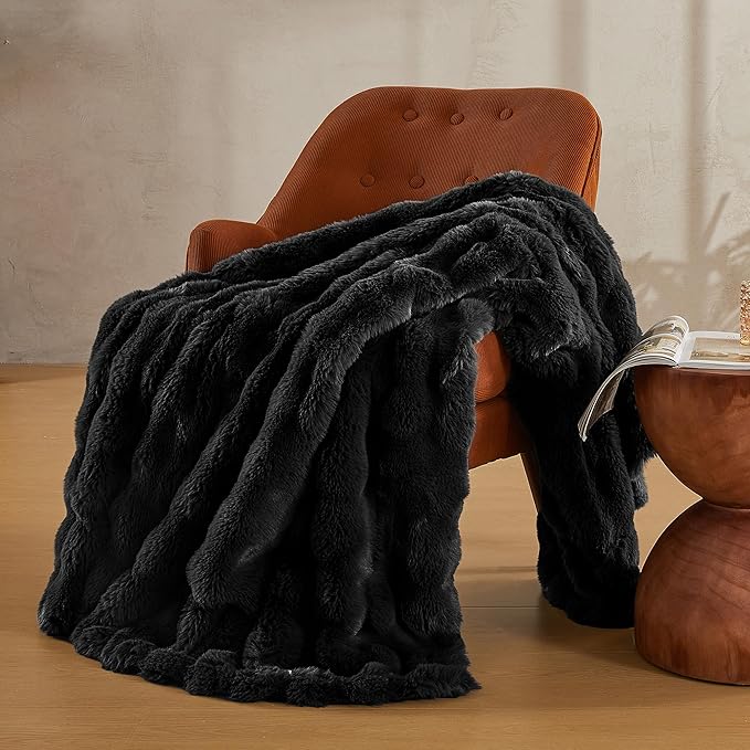 JELLYMONI Faux Fur Throw Blanket, Black Fuzzy Cozy Plush Bubble Bed Blanket, Thick and Warm King (108" x 90")-Ruum Studio Home