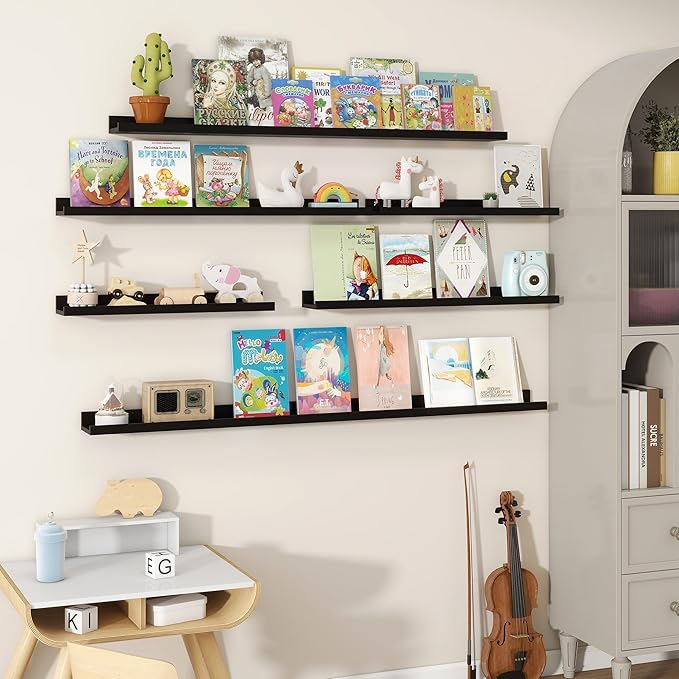 Fun Memories Picture Ledge Shelves Set of 2, 36 Inch Rustic Wall Mounted Floating Shelves with Lip for Home Storage and Décor in Bathroom, Kitchen, Nursery, Bedroom, Living Room, Black-Ruum Studio Home