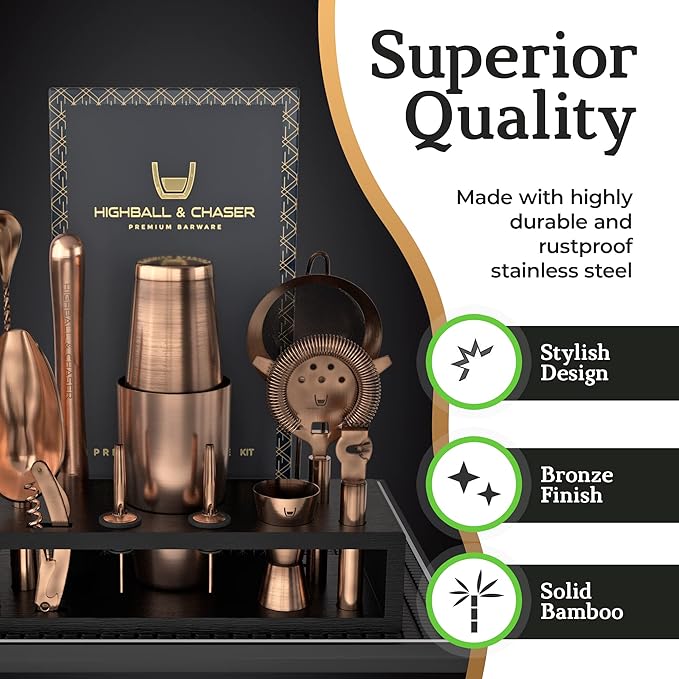 Highball & Chaser Bartender Kit with Black Bamboo Stand Beautiful Cocktail Shaker Set and Bar Tools Stainless Steel Boston Shaker Bartender Kit with Stand (Antique Copper)-Ruum Studio Home