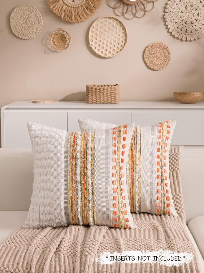 Fall Boho Chenille Tufted Throw Pillow Covers 18x18 Inch Set of 2 Farmhouse Striped Couch Decorative Pillow Covers Accent Neutral Pillowcase Yellow Orange Cushion Cover for Livingroom Sofa Bed-Ruum Studio Home