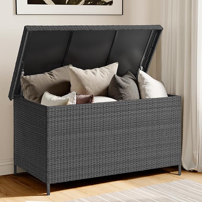 158 Gallon XL Deck Box with Lid, All Weather Wicker Outdoor Storage Box Waterproof, Large Outdoor Patio Storage Bin for Cushions, Garden Tools, Gears, Pool Accessories, Black-Ruum Studio Home