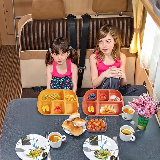 greenandlife 10.8 Inch 4PCS Divided Plates for Kids Adults, Portion Control Plates, Dishwasher & Microwave Safe Compartment Plate, Unbreakable Lightweight Reusable Wheat Straw Plates, Sunset-Ruum Studio Home
