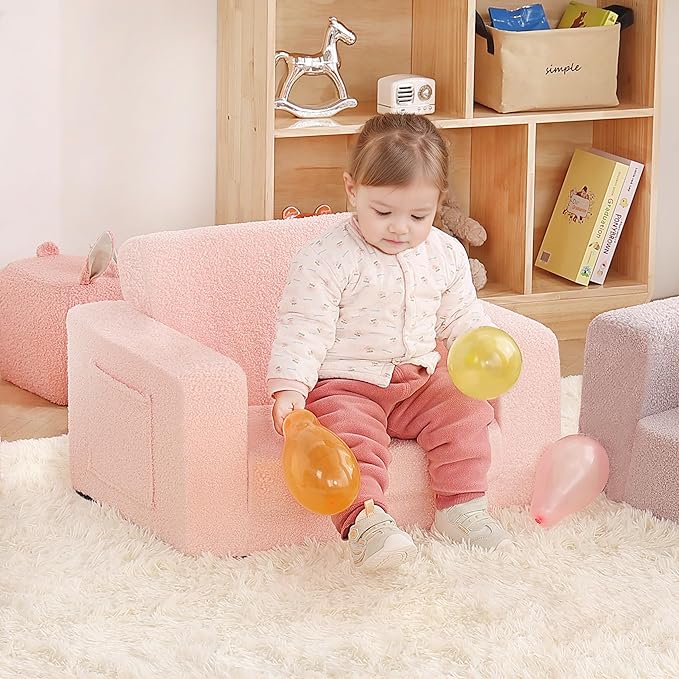 2-in-1 Toddler Chair Sherpa Couch - Soft Kids Lounger for Bedroom, Convertible Sofa for Girls and Boys, Reading Chair, Pink-Ruum Studio Home