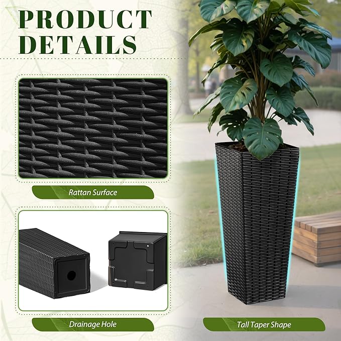 JUMMICO Set of 2 Resin Rattan Tall Planters for Outdoor Plants, Large Tapered Planters with Drainage Holes&Inner Trays, Flower Pots for Garden, Patio, Porch, Backyard (Black, 24'')-Ruum Studio Home