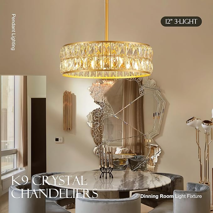 16” 4-Light Modern Crystal Chandeliers Gold Dinning Room Light Fixture, Round Pendant Light Kitchen Island Chandelier, Flush Mount Ceiling Light for Living Room Entryway Bedroom Foyer-Ruum Studio Home