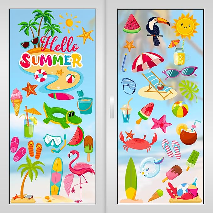 9 Sheets Summer Window Clings, Double Sided Summer Window Clings for Glass Windows, Hello Beach Decals, Sun Watermelon Pattern Stickers for Home Office Accessories Decorations-Ruum Studio Home