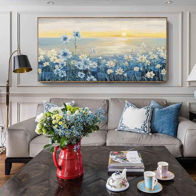 Large Wall Art for Living Room Modern Framed Coastal Beachy Canvas Wall Art Big Floral Sunrise Blue Wall Picture Oversized Lake Nature Sunset Artwork for Office Bedroom Decor-Ruum Studio Home