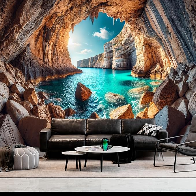 BSFHH Nature Tapestry Forest Tree Sea Cave Wall Hanging, Stream Through Rainforest Landscape Wall Art Tapestry for Bedroom Living room (Cave Sea View, 90"×70", Unframed)-Ruum Studio Home