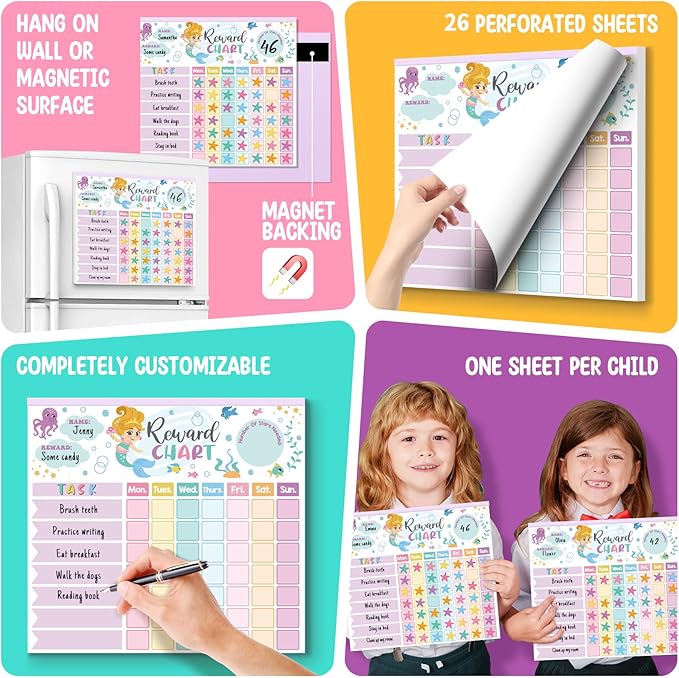 Reward Chart for Kids,Magnetic Behavior Chore Chart for Kids at Home,26 Mermaid Chore Charts,1960 Diamond Stickers,56 Reward Stickers,Incentive Chart to Develop Responsibility and Good Habits,Mermaid-Ruum Studio Home