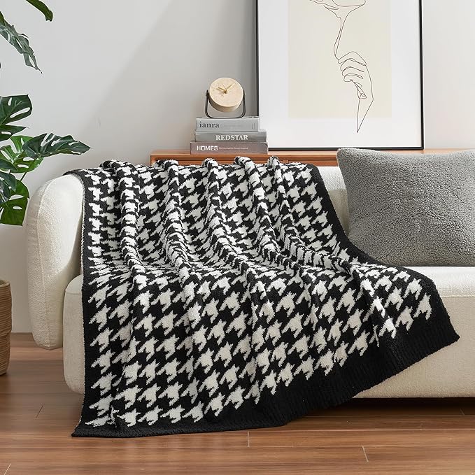 Snuggle Sac Houndstooth Throw Blanket for Couch, Reversible Super Soft Warm Blankets Cozy Knit Fuzzy Plush Lightweight Throws for Sofa, Bed, Camping, Black,50x60 inches-Ruum Studio Home