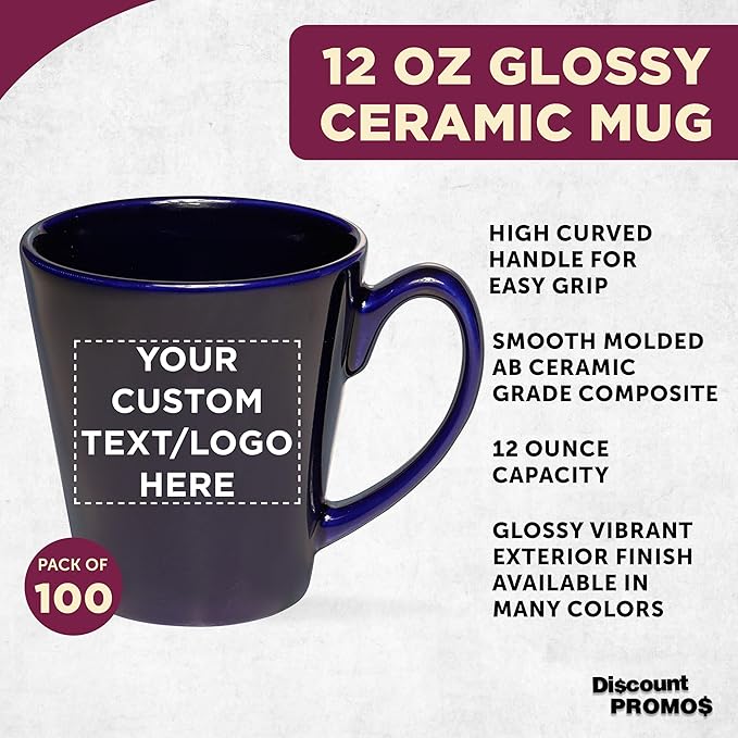 DISCOUNT PROMOS Custom Glossy Ceramic Latte Coffee Mug 12 oz. Set of 100, Personalized Bulk Pack - Perfect for Tea, Espresso, Cappuccino, Hot Cocoa - Blue-Ruum Studio Home
