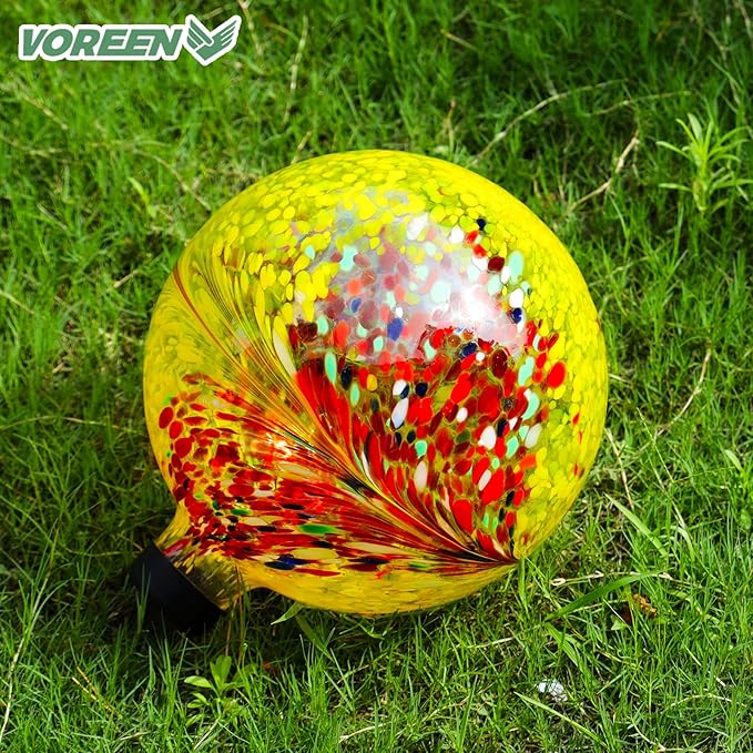 VOREEN 10-Inch Glass Gazing Ball, Outdoor Gazing Globe, Reflective Ball Yard Decoration for Homes, Patio, Lawn and Gardens, Gift for Mom Wife Friend, Phoenix Tail Design, Yellow-Ruum Studio Home