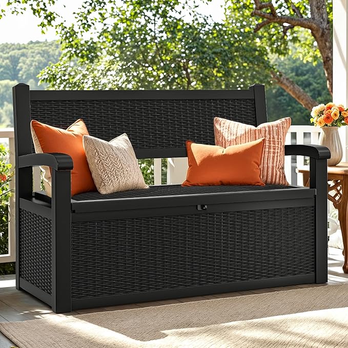 YITAHOME 70 Gallon Storage Bench Deck Box, Lockable Patio Bench, Waterproof Outdoor Pool Deck Storage for Patio Cushions, Garden Tools and Pool Supplies, Black-Ruum Studio Home
