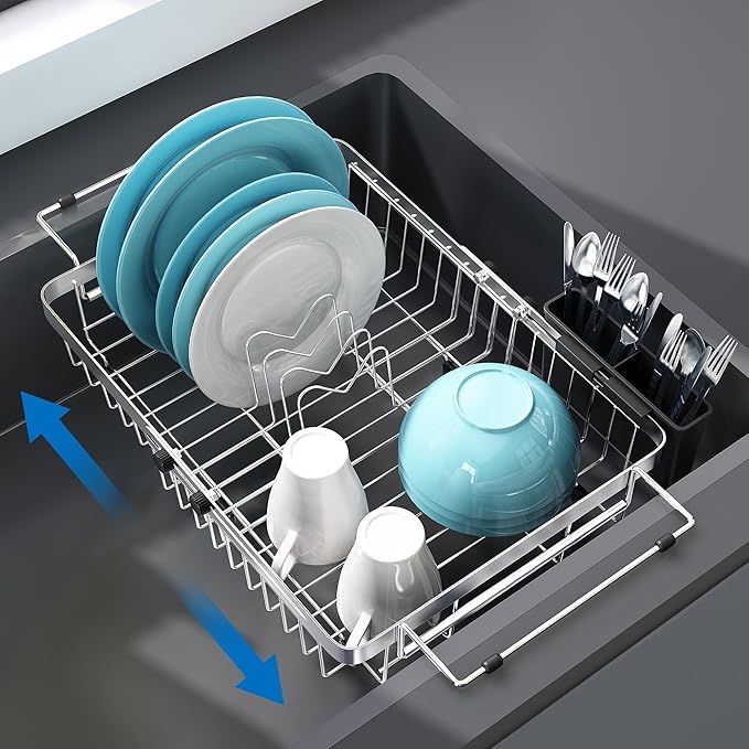 MAJALiS Expandable in Sink Dish Drying Rack - Adjustable Capacity (11.3''-17''L) Stainless Steel Over Sink Dish Drainers Rack for Kitchen Sink with Utensil Holder, Silver-Ruum Studio Home