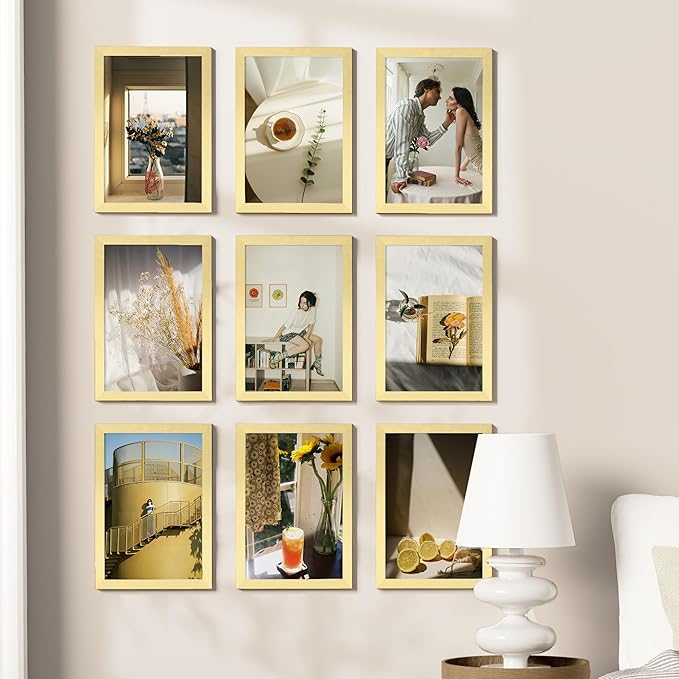 Vittanly 8x12 Picture Frames Set of 9, Shatter Resistant Plexiglass, Display 6x8 Pictures with Mat or 8x12 without Mat, Photo Frames for Wall or Tabletop, Engineered Wood, Gold-Ruum Studio Home