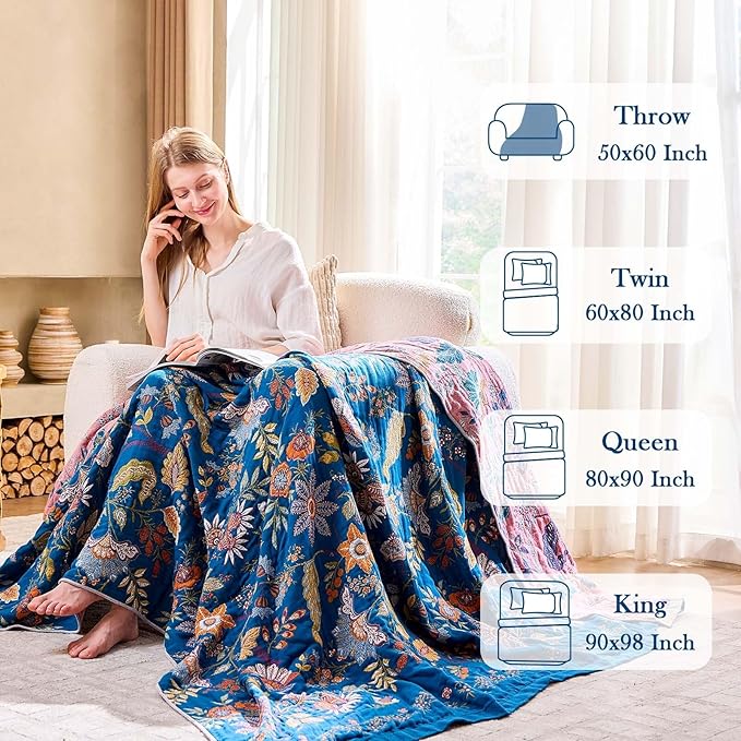 Fall Throw Blanket for Couch, Blue Boho Decorative Throw Blanket, 100% Cotton Muslin Breathable Woven Farmhouse Blankets Quilt, 80"x90" Reversible Lightweight Blankets Bohemian Throw Quilt-Ruum Studio Home