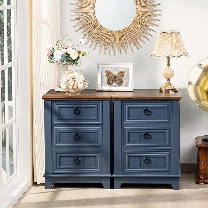 Night Stand Set of 2, Farmhouse 18" End Table with 3 Drawer Metal Handle, Dresser for Bedroom, Sofa Bed Side Table Chest of Drawers,Wood Nightstand Cabinet for Organizer, Living Room-Blue-Ruum Studio Home
