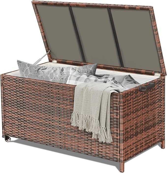 HOMREST Large Deck Box, Outdoor Wicker Storage Container with 70 Gallon, Patio Rattan Furniture for Garden Tools, Pillows, Pool, Brown-Ruum Studio Home