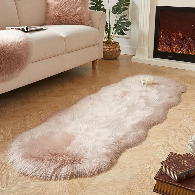 AMTOVO Faux Sheepskin Rug, Pink Ultra Soft Fluffy Shag Area Rug, 2 x 6 ft Faux Fur Rug for Bedroom Sofa Throw Cushion Room Decor, Sheepskin-Ruum Studio Home