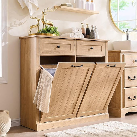 Double Tilt Out Laundry Hamper Cabinet, 20 Gallon Farmhouse Trash Can Cabinet with Drawer, Hidden Wood Garbage Can Bin Cabinets with Laundry Storage Basket for Bathroom, Kitchen (Natural)-Ruum Studio Home