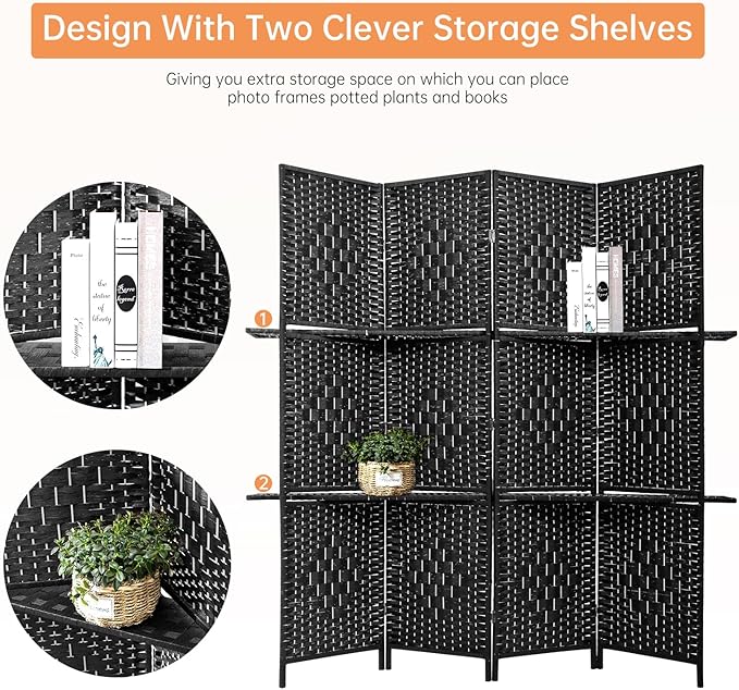 PayLessHere Room Divider Room Screen Divider Wooden Screen Folding Portable Partition Screen Wood with Removable Storage Shelves (Black, 4 Panel)-Ruum Studio Home