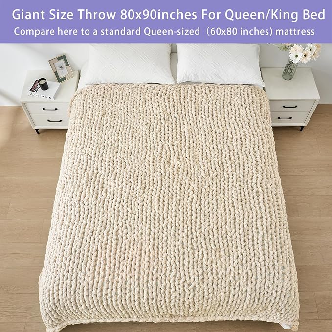 Bigacogo Chunky Knit Throw Blanket for Couch, 80x90 inches, 100% Hand Knitted with Thick Jumbo Chenille Yarn, Cozy Soft Large Rope Knot Cable Crochet Blankets for Sofa Bed Living Room, Beige-Ruum Studio Home