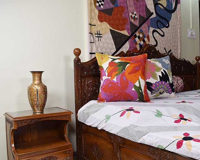 Floral Bloom Pillow Cover | Suzani Accent Pillowcase | Flower Accent Cushions | Hand Embroidered Wool Cushion - 18x18-Ruum Studio Home