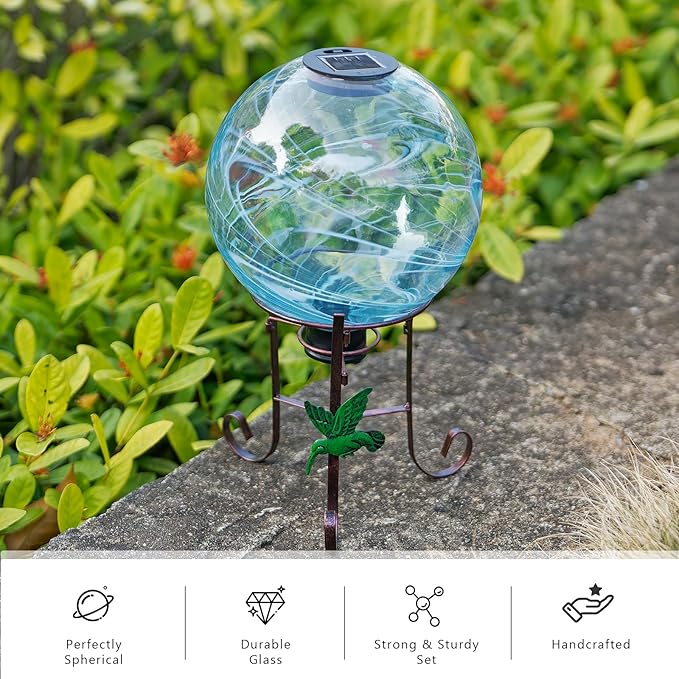 10 Inch Solar Glass Gazing Ball, with 9.4" Tall Metal Gazing Globe Stand, Solar Ball Lights Display Holder Set for Outdoor Garden Lawn Yard Decoration, Blue Water Ripple-Ruum Studio Home