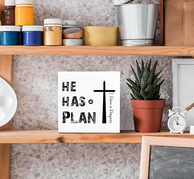 SRADMO He Has a Plan Jesus Wood Box Sign Desk Decor, Bible Verse Decor, Christian Theme Wooden Block Box Sign Decoration for Home Office Shelf Table Decors-Ruum Studio Home