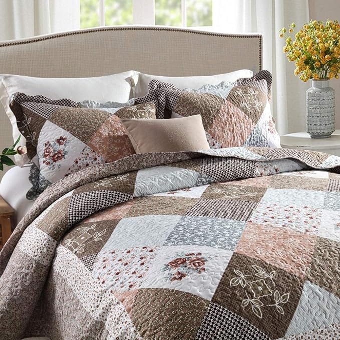 NEWLAKE Quilt Bedspread Sets-Checkered Floral Reversible Coverlet Set,Queen Size-Ruum Studio Home