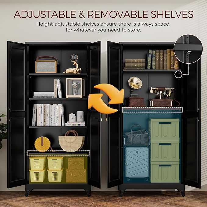 75" Kitchen Pantry Cabinet, Black Metal Storage Cabinets with 2 Doors and 4 Adjustable Shelves, Tall Pantry Storage Cabinet for Kitchen, Dining Room, Living Room-Ruum Studio Home