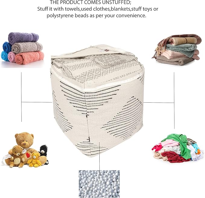 REDEARTH · UNSTUFFED Pouf Ottoman Cover Textured Boho Storage Square Home Decor Poof Pouffe Space Saver Footrest for Living Room, Bedroom, Nursery, Kidsroom; 100% Cotton (18"x18"x18"; Black)-Ruum Studio Home