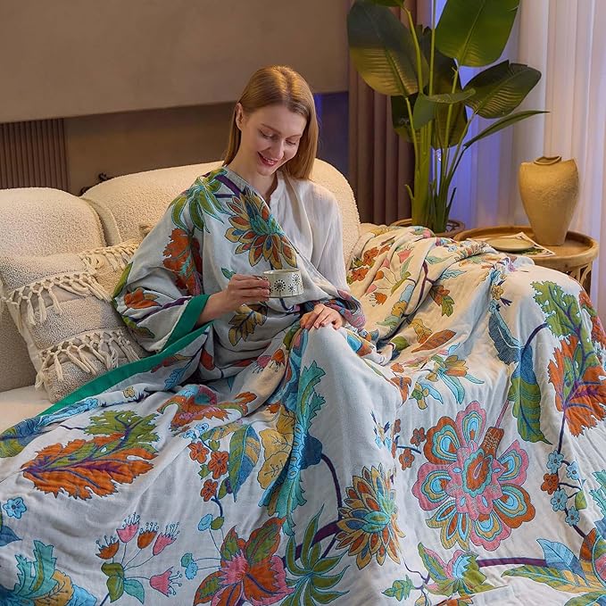 Summer Throw Blanket, 90"x98" Reversible Bohemian Flower Blanket, 100% Cotton Muslin Breathable Woven, Farmhouse Decorative Throw Blanket-Ruum Studio Home