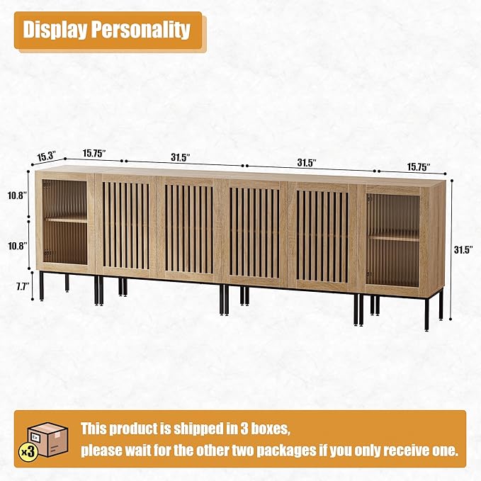 Farmhouse TV Stand for TVs up to 100 Inch, Entertainment Center TV Console with Storage Cabinets and Glass Doors,Media Console for Living Room,Oak-Ruum Studio Home
